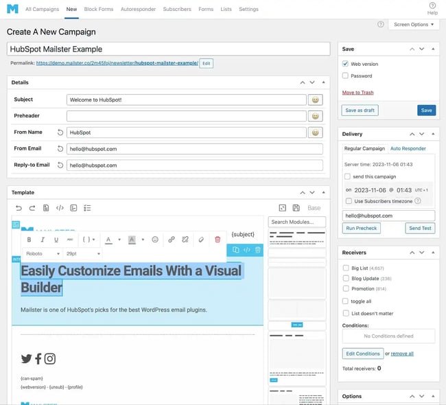 The Mailster visual builder interface
