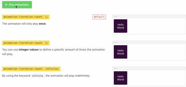 three cubes with CSS animation-iteration-count property set to 1, 2, and infinite