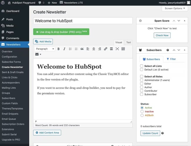 The email content editor in the free Newsletters plugin