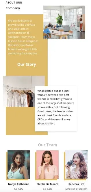 Themify Builder review One of Themify Builders pre-designed layout for an About Page on a fashion website