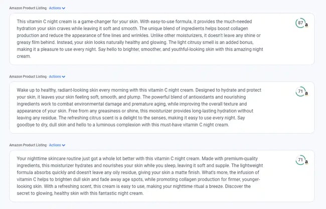 Three Amazon product listing variations in Anyword