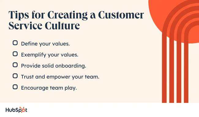 Tips for Creating a Customer Service Culture. Define your values. Exemplify your values. Provide solid onboarding. Trust and empower your team. Encourage team play.