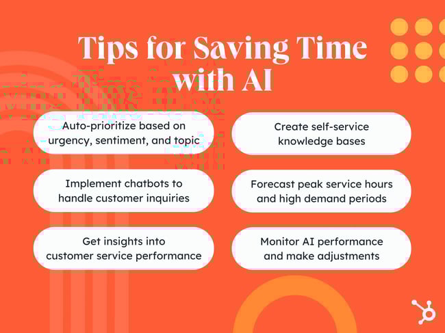 Tips for Saving Time with AI. Auto-prioritize based on urgency, sentiment, and topic to resolve tickets faster. Create self-service knowledge bases so customers can find answers on their own. Implement chatbots to handle customer inquiries. Forecast peak service hours and high-demand periods with predictive analytics. Get insights into customer service performance with AI-powered reporting and analytics. Monitor AI performance and make adjustments.