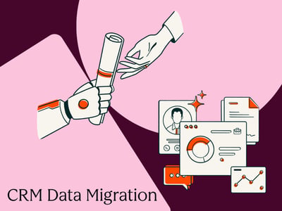 A robotic arm hands a rolled up piece of paper to another arm with data imagery in the corner, symbolizing CRM data migration