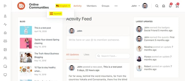 BuddyBoss demo with language switcher to Spanish