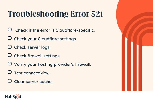 Troubleshoot Error 521. Check your Cloudflare settings. Check server logs. Check firewall settings. Check if the error is Cloudflare-specific. Verify your hosting providers firewall. Test connectivity. Clear server cache.-1