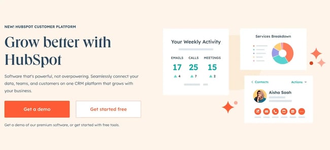 The Hubspot homepage featuring two buttons with CSS rounded corners