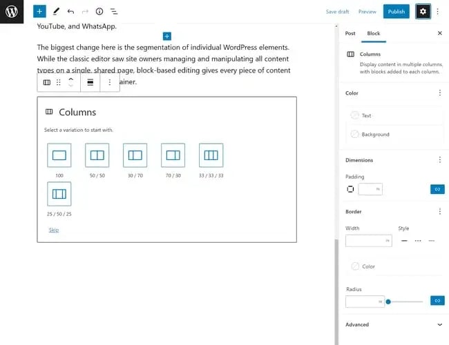 Column block added to post in Gutenberg editor