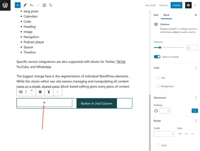 adding a new content block side by side to button block in column