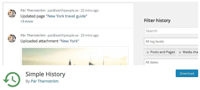 Wordpress tracking plugin, simple history product page Simple History WordPress Plugin: Keep track of recent changes and important events within WordPress. Access an easy-to-use log and audit trail on your dashboard or a separate page, perfect for websites with multiple content editors to enhance collaboration and oversight.