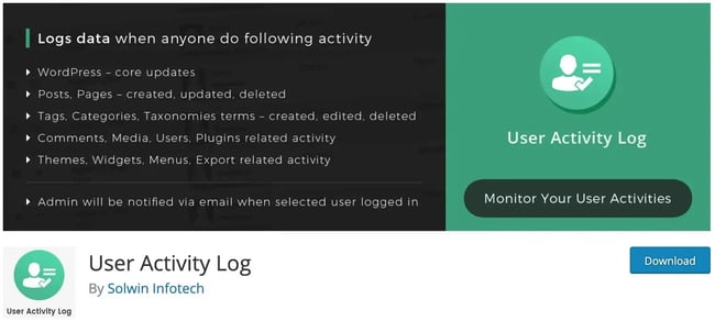 wordpress tracking plugin user activity log product page User Activity Log: Enhance website security, receive email notifications, and enjoy compatibility with popular plugins like BuddyPress and WooCommerce. No additional setup required for seamless monitoring.