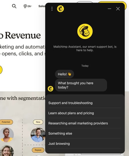 The Mailchimp homepage featuring a chatbot box with rounded corners