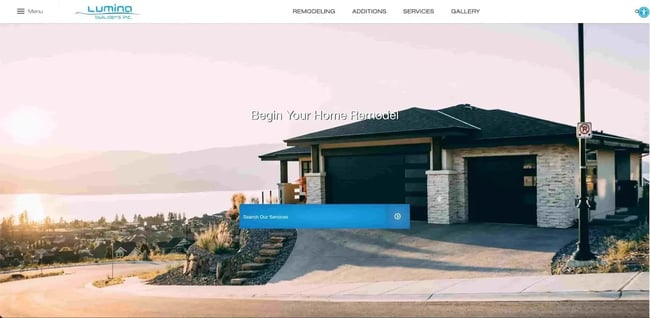 lumina builders homepage with search bar in middle of page