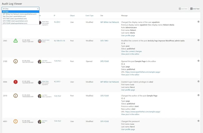 wordpress tracker plugin WP Activity Log Viewer: The image displays the WP Activity Log viewer interface, which can boost user productivity and accountability by tracking user actions in real time. Troubleshoot with ease, manage and organize your WordPress site and users effectively. Stay informed about all user activities, spot suspicious behavior, and enhance website security for a worry-free experience.