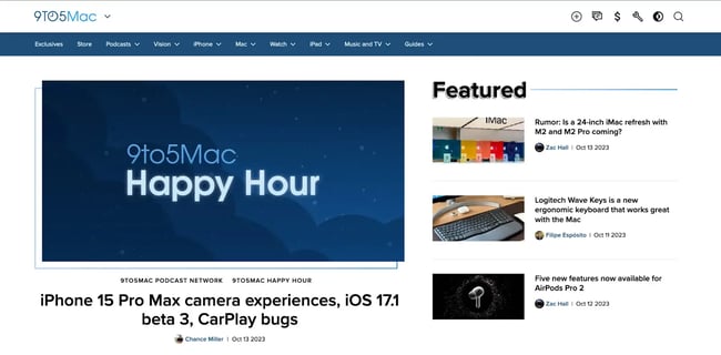 Niche website design example: 9to5Mac