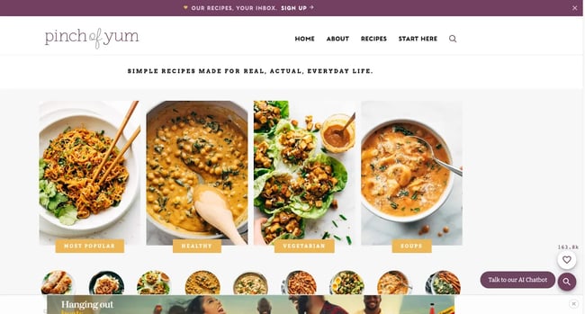 Niche website design example: Pinch of Yum
