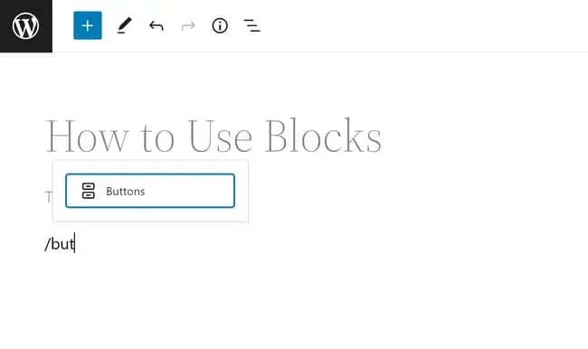 what are blocks in wordpress, user typing slash but so button block appears as suggestion