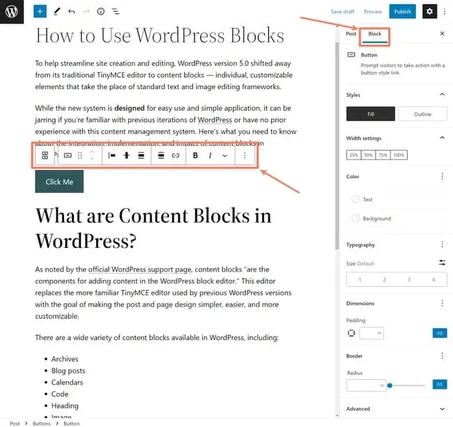 Post in block editor with basic inline settings and advanced block settings in sidebar open