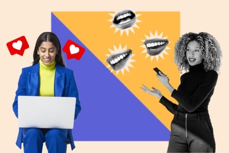 A social media manager works from her laptop and a community converses with others. 