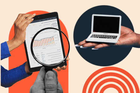 A magnifying glass hovers over a tablet showing analytics data