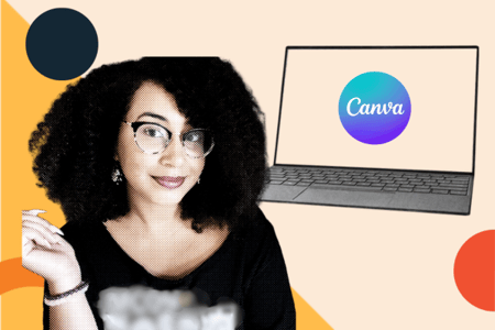The blog's author stands in front of a laptop displaying the Canva logo