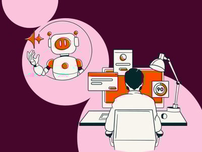 A robot helps a marketer at his desk and computer; Generative Engine Optimization