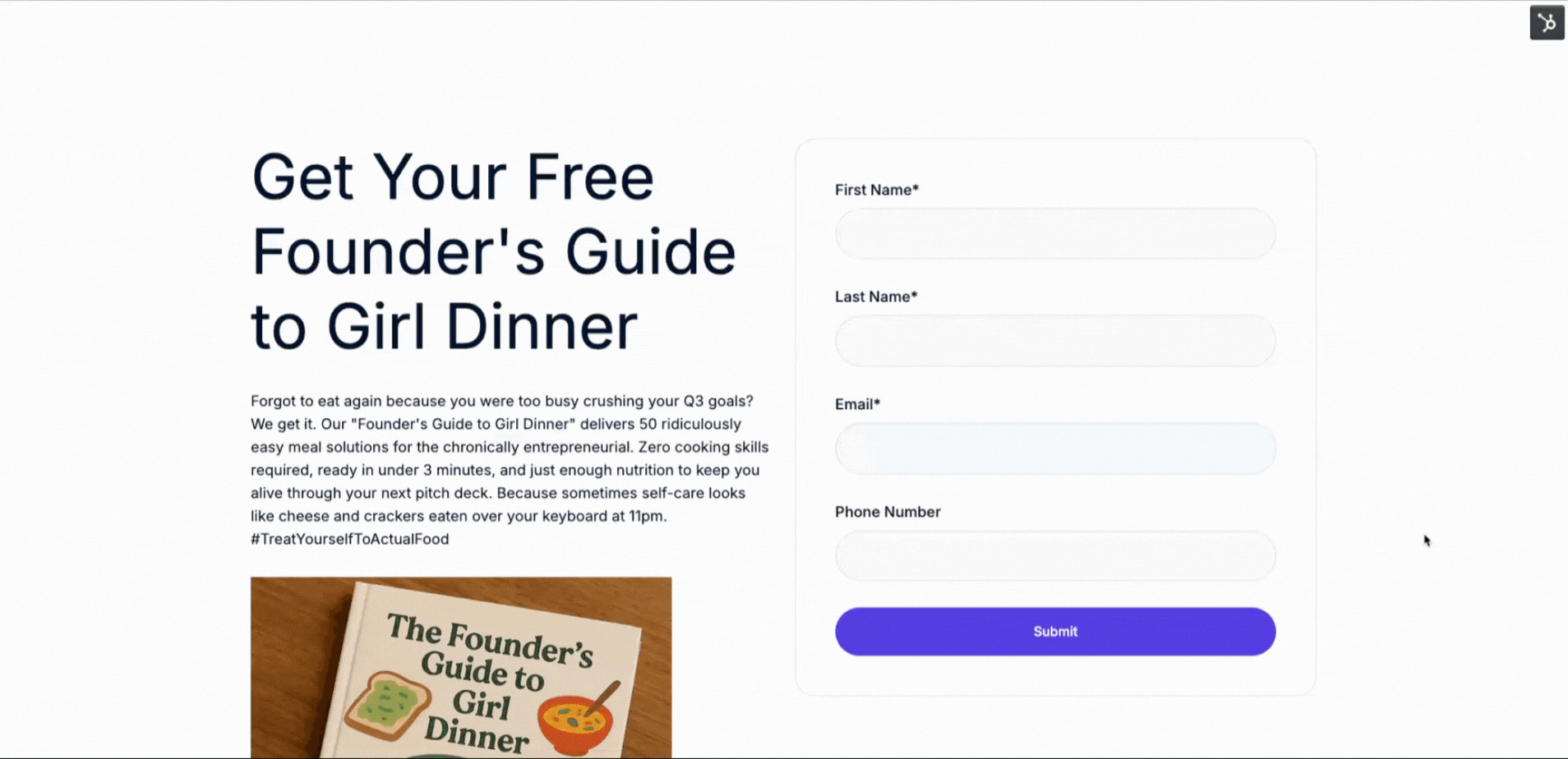 Landing page for founder's guide to girl dinner