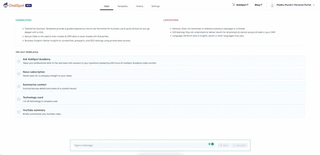 ChatSpot homepage showing a text box to send messages