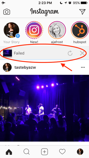 Erro mostrando se o upload do seu Story do Instagram não deu certo