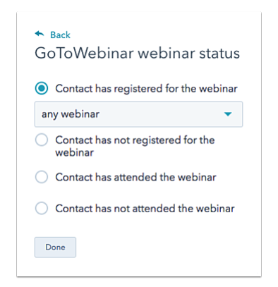 A GoToWebinar webinar status multi-answer menu to record a contact's webinar status for segmentation