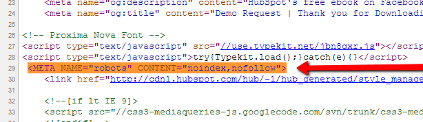 meta tag in header for noindex nofollow