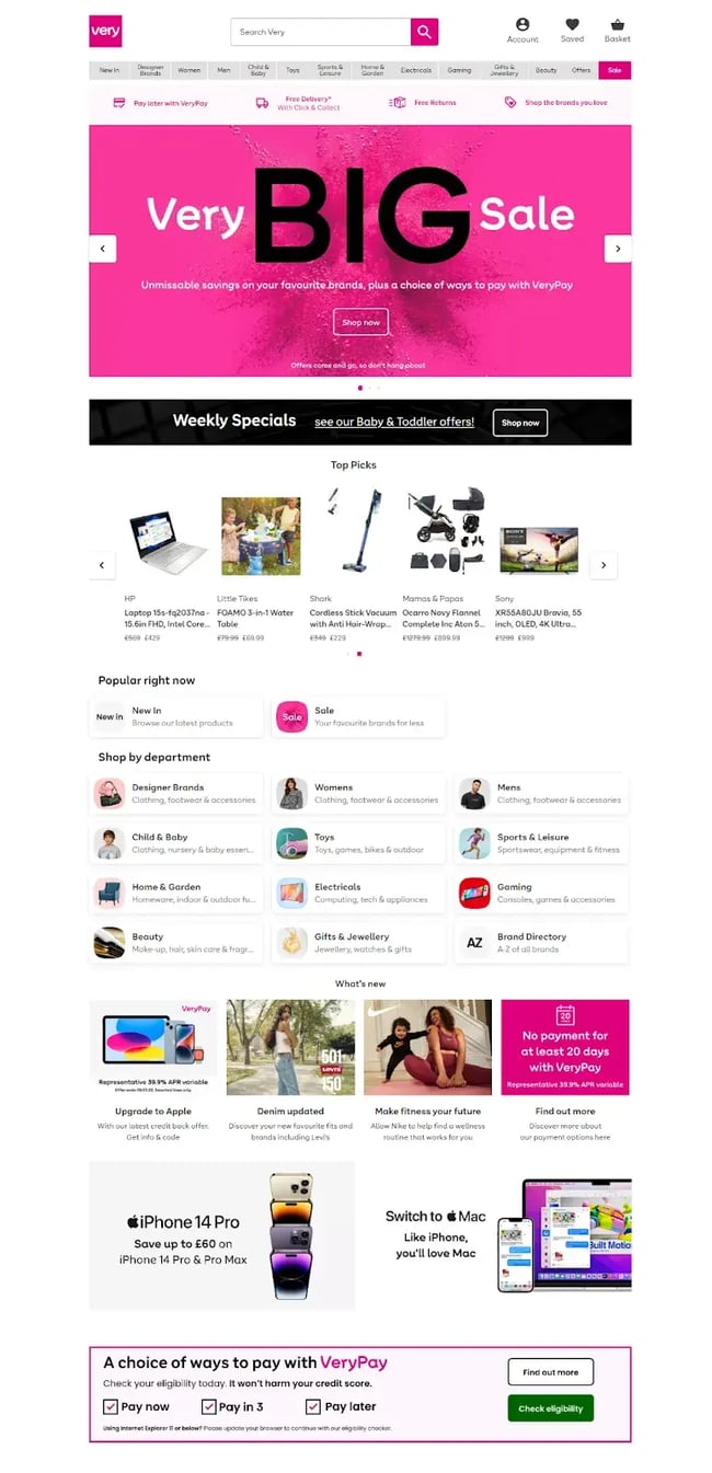 Verys pink color scheme is bold and bright across the website. Pink is used in the hero and as an accent color.