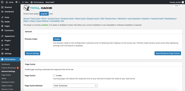 plugin settings page for the wordpress cache plugin W3 Total Cache plugin