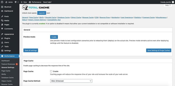 W3 Total Cache plugin admin page example