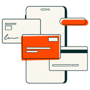Illustration von Zahlungskarten und digitalen Belegen als Symbol für die Zahlungsabwicklung mit HubSpot