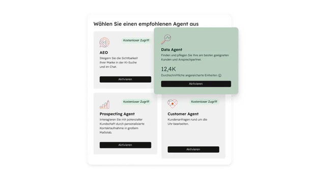 HubSpot Agent Hub: Übersicht aller KI-Agents mit Live-Status, darunter AEO, Data Agent, Prospecting Agent und Customer Agent