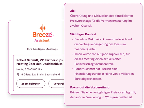 Screenshot des Breeze-Assistenten mit kontextbezogenen Meeting-Insights zur Vorbereitung eines Vertriebsgesprächs