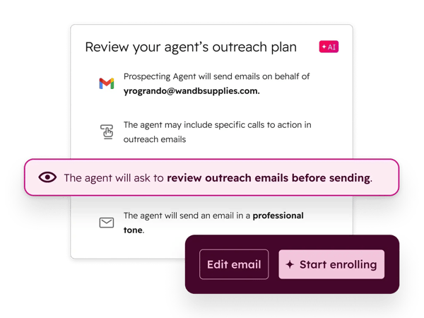 Zeigt, wie HubSpot-Nutzende die Kontrolle über ihre Agents behalten, indem sie die Konfiguration und Aktionen des Agents vor der Kontaktregistrierung überprüfen.