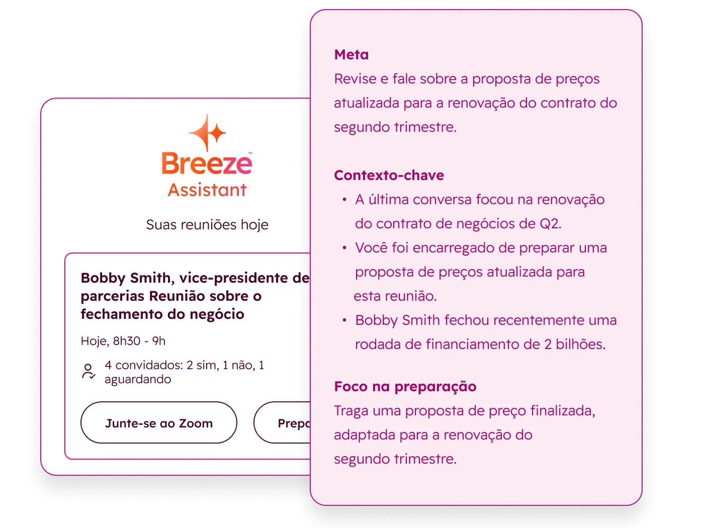 Interface de usuário simplificada do Breeze mostrando insights de reuniões