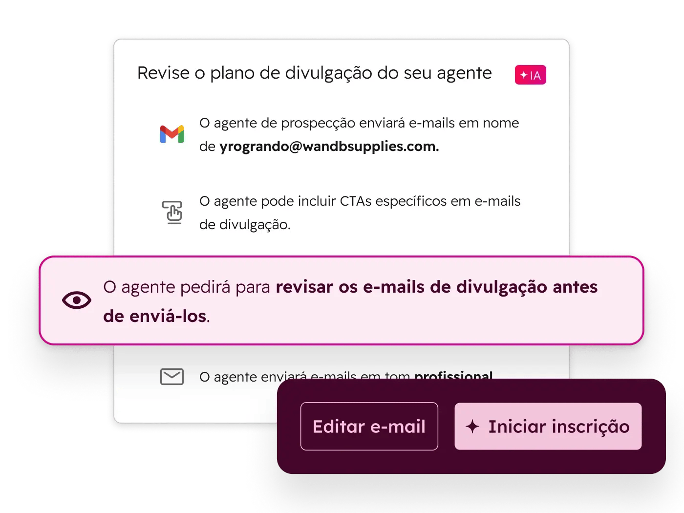 Interface de usuário simplificada do Breeze mostrando os controles de automação do prospecting agent