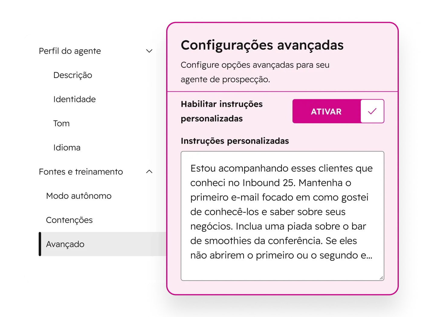 Interface simplificada do Breeze, mostrando o messenger personalizado do prospecting agent.