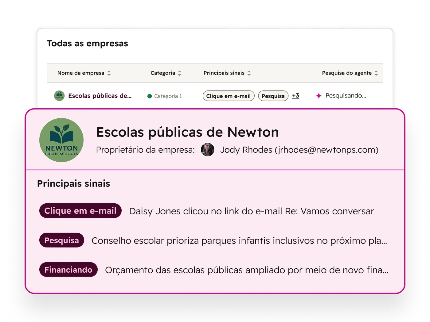 Interface de usuário simplificada do Breeze mostrando sinais do agente de prospecção