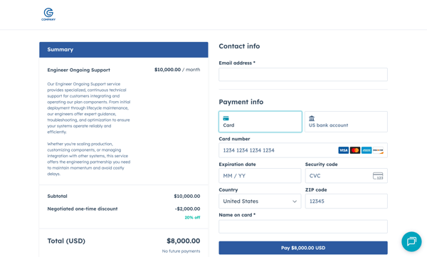 Marken-Checkout-Ansicht, die zeigt, wie ein Unternehmensbranding auf den HubSpot-Checkout angewendet wird