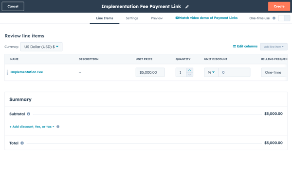 Ansicht eines Zahlungslinks zur Überprüfung von Positionen mit Gebührenbezeichnungen, Beschreibung, Einzelpreis, Menge, Einzelrabatt und Abrechnungsfrequenz