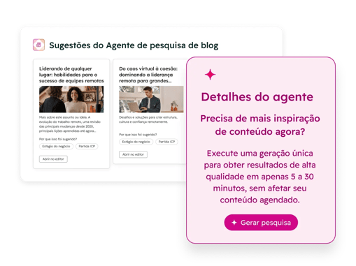 Mostra um usuário do HubSpot utilizando o assistente de pesquisa de blogs com IA para sugerir novas ideias de conteúdo.