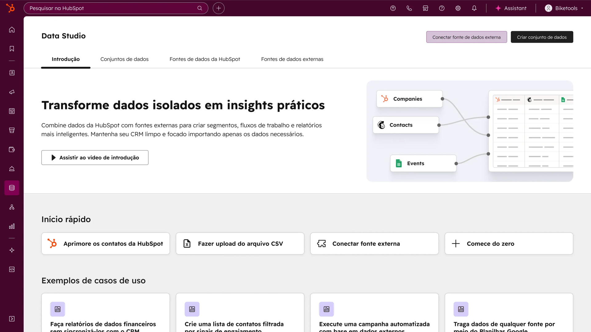 Data Hub - interface do Data Studio