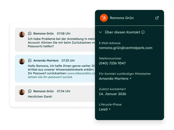 Produkt-SUI mit Kundenkontext der WhatsApp-Integration von HubSpot