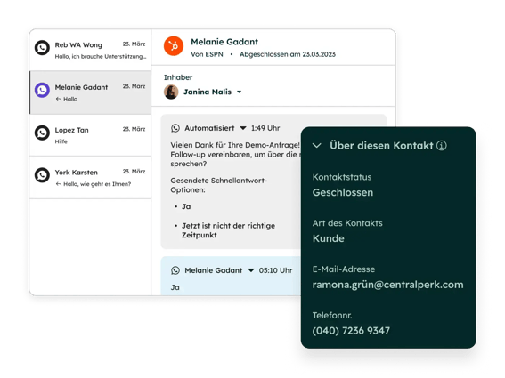 Produkt-SUI mit Messaging zur WhatsApp-Integration von HubSpot