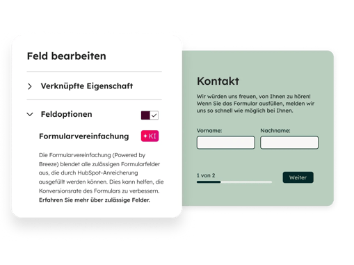 Die HubSpot-Benutzeroberfläche zeigt, wie ein Benutzer ein Kontaktformular für seine Website erstellt und dabei die Funktion zur Formularverkürzung nutzt.