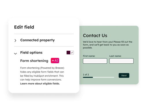 HubSpot form editor interface showing field options panel on left with form shortening feature powered by Breeze AI, and contact form preview on right with first name and last name fields